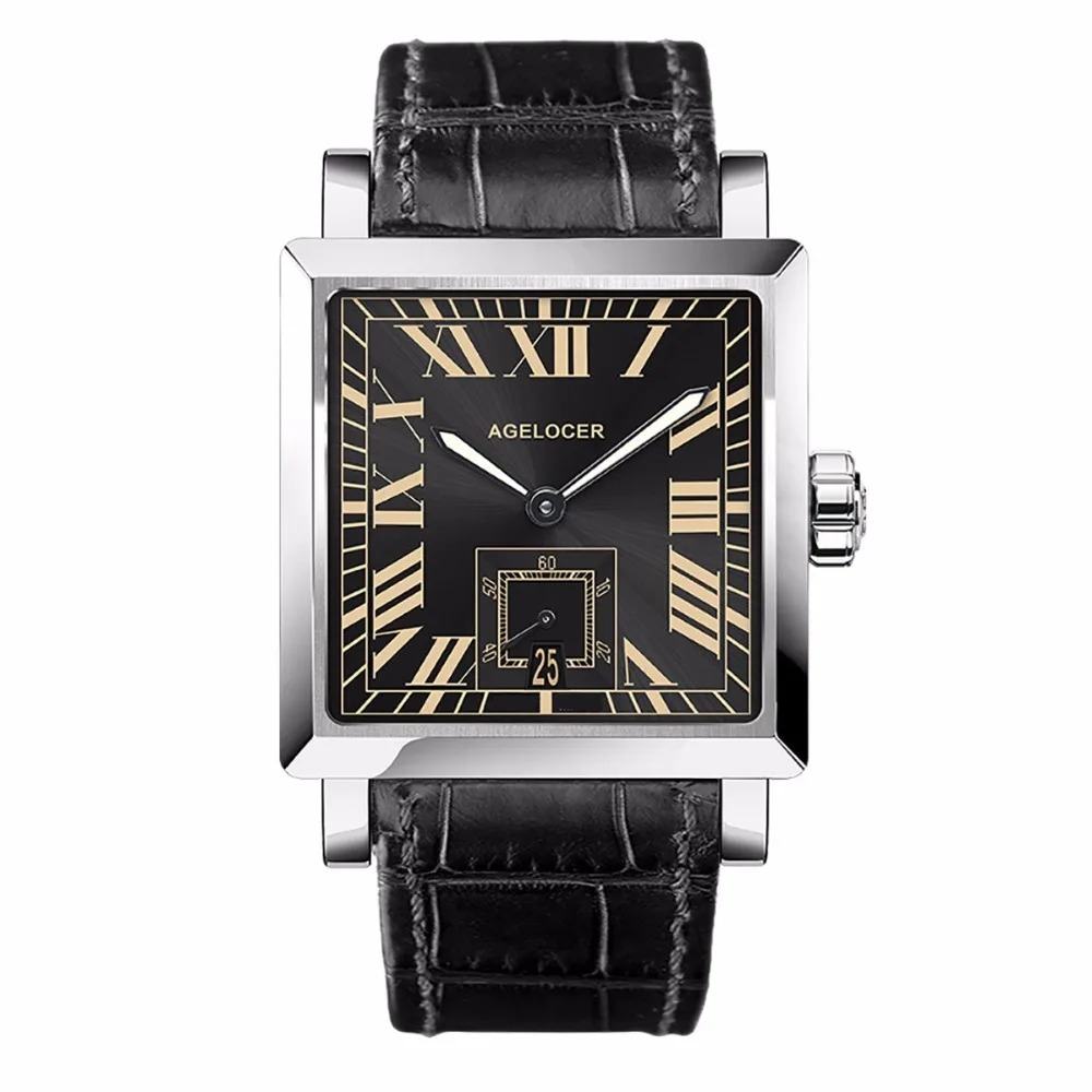 

Agelocer Mens Fashion Watches Black Dial Roman Numeral Analog Mechanical Watches Leather Strap Steel Watches 3303A1