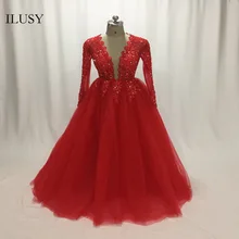 ILUSY новейший дизайн красное платье для выпускного вечера с v-образным вырезом прозрачные вечернее платье с пайетками, кружевное платье для выпускного вечера вечерние платье vestido de festa