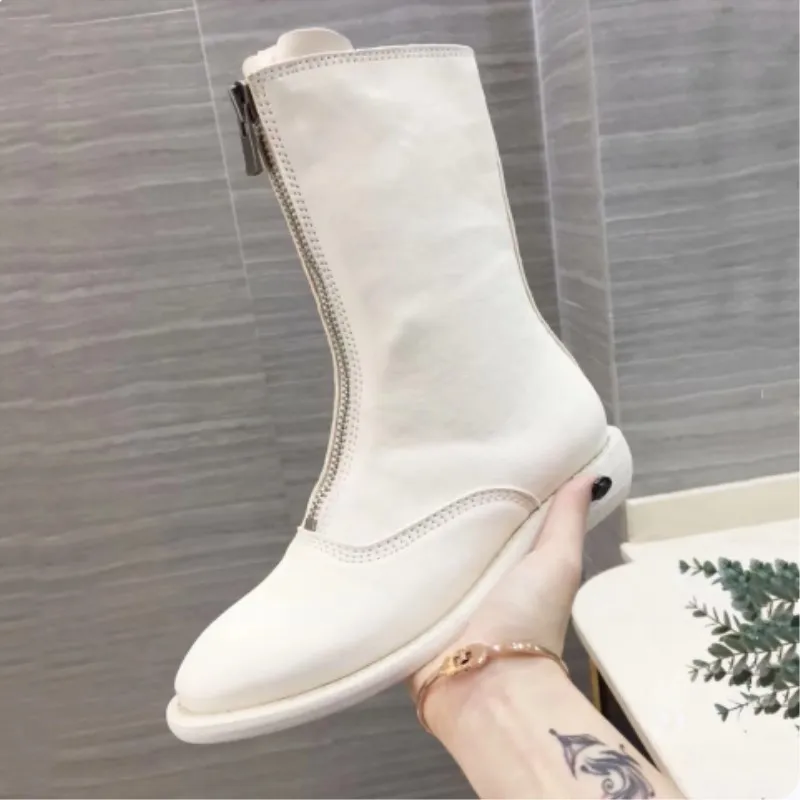 Fashion zipper front knight style women's booties round head female square Med heel Martin boots leather retro women shoe | Обувь