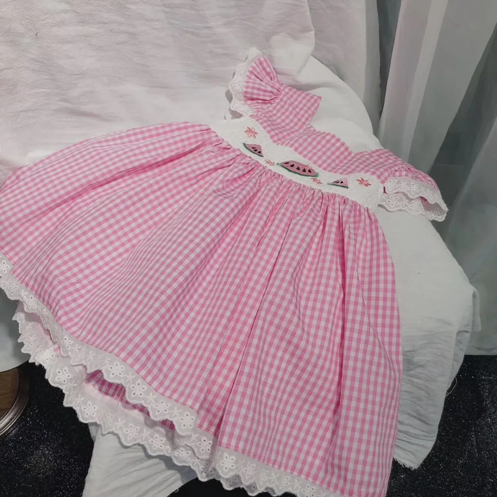 Летнее Детское Платье милое розовое и белое платье с вышивкой арбуза для маленьких девочек