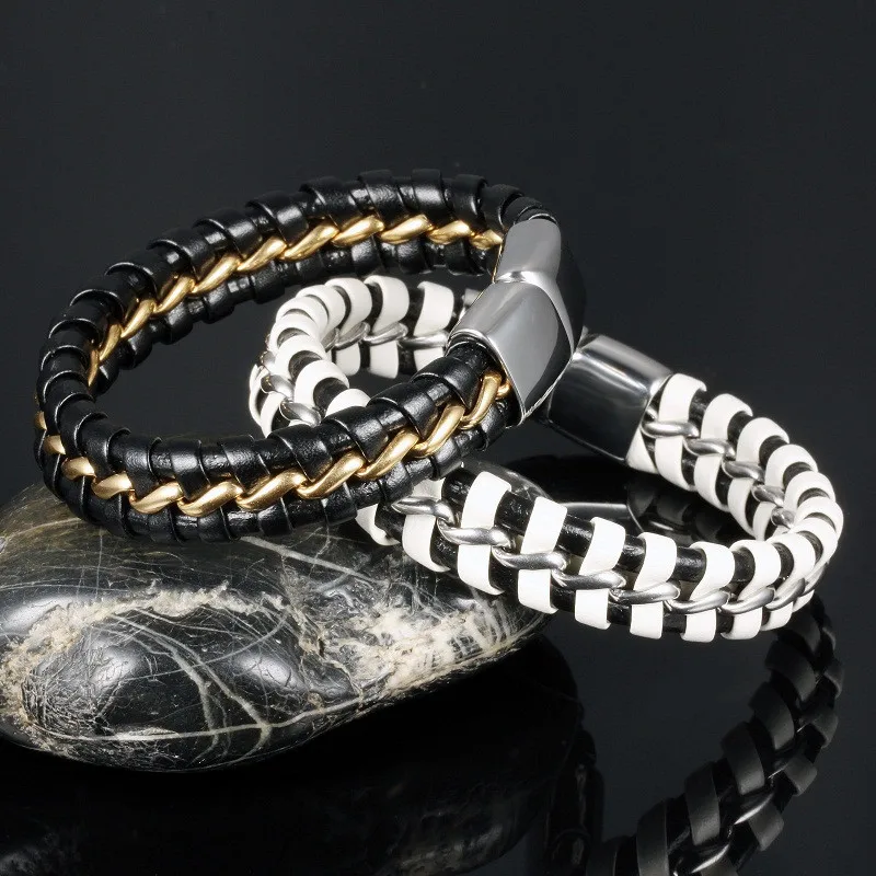 

Men's Magnetic Buckle Bracelet Bangle Cuff Black White Gold 316L Stainless Steel Genuine Leather Punk Vintage