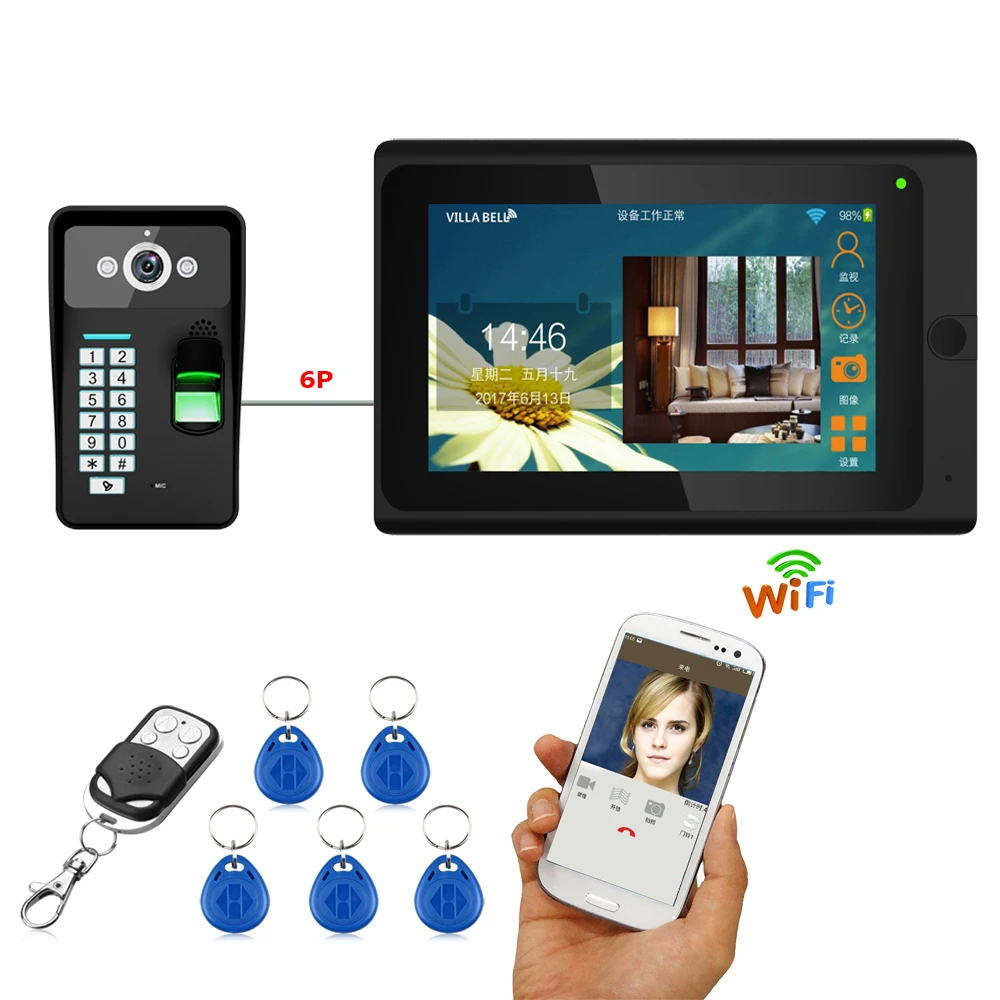 Yobangsecurity 7 дюймов Мониторы Wi-Fi Беспроводной отпечатков пальцев RFID пароль видео-телефон двери Дверные звонки Камера Домофон Kit приложение