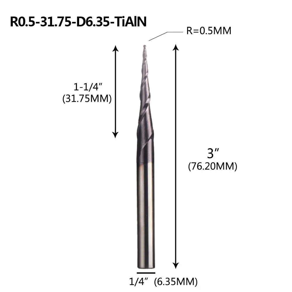 1 шт. дюймов Размер Концевая фреза карбида Вольфрама Конические концевые фрезы с шариковым концом древесины металла Фрезы ЧПУ фреза 6,35 мм хвостовик - Длина режущей кромки: R0.5-31.75-6.35-TAi