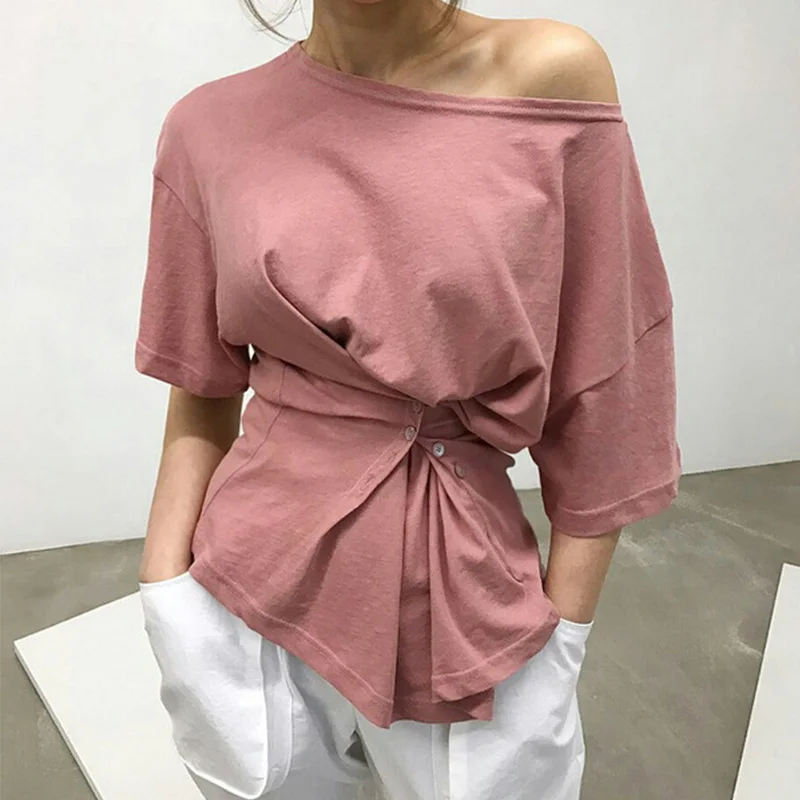 

Off Shoulder Irregular Women's T Shirts Short Sleeve Button Solid Ruched T-shirt 2019 Summer Fashion Sexy Slim Casula Top Female
