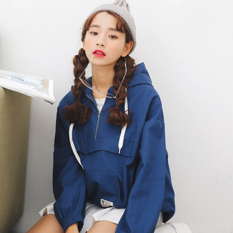 Buy 2018 Women's Harajuku Spring Zipper Hooded Loose
