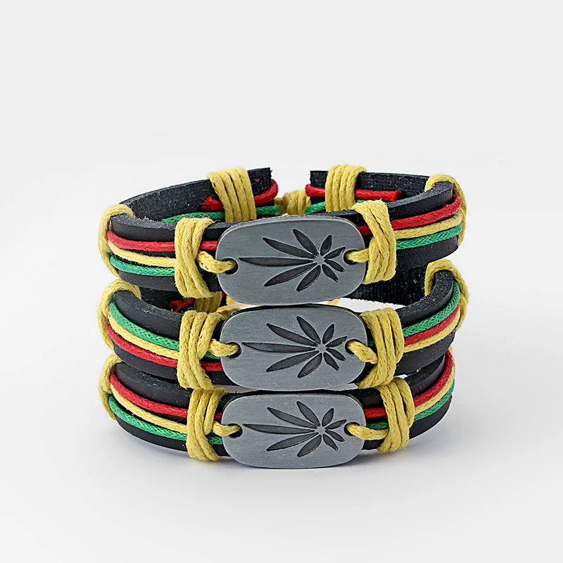 5pcs Rasta Wax Cord Pot Leaf Weed Leaf Charm Black Leather Bracelet