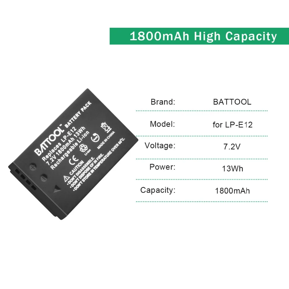 2 упаковки batcool LP E12 LPE12 батарея 7 В 1800 мАч + 1 USB зарядное устройство со светодиодной