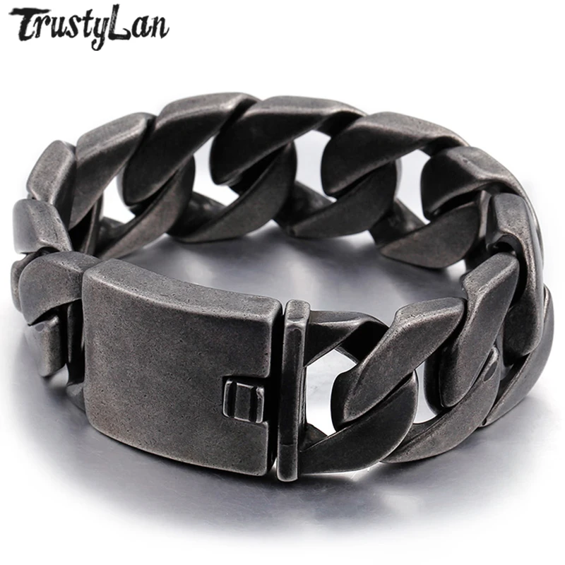 

TrustyLan New Drop-Shipping Punk Rock Bracelet Men Black Chain Link 25MM Wide Men's Bracelets For Men Stainless Steel Jewelry