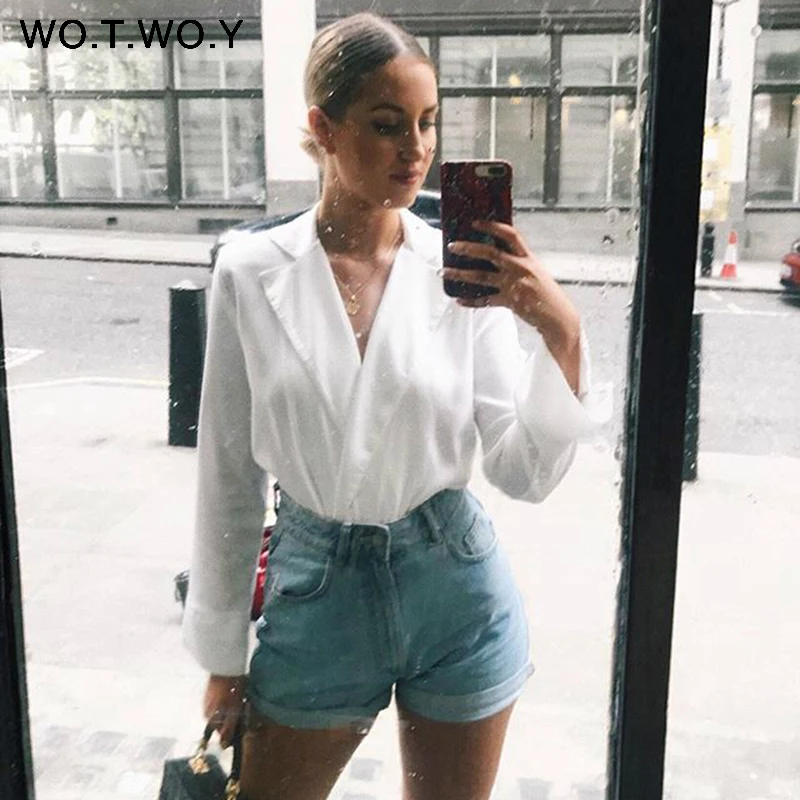 WOTWOY Spring Autumn Long Sleeve Bodysuit Women Casual Cotton White Bodysuits Women 2018 Deep V Neck Chic Tops Female New 