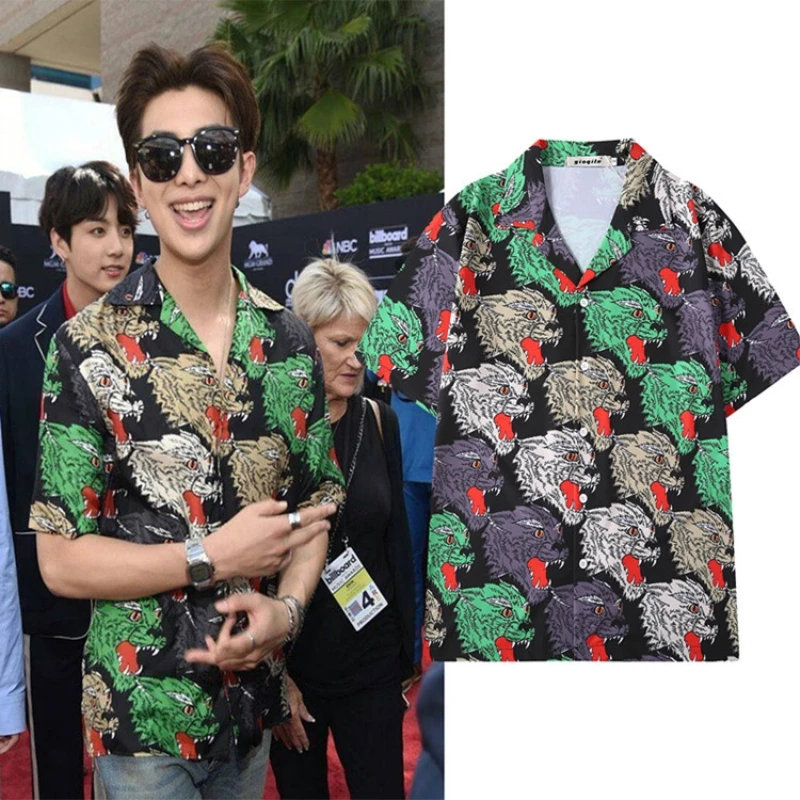 

Men 2019 Summer Fashion Brand Korea Star Style Tiger Print Short Sleeve Shirt Male Casual Loose Thin Hawaiian Beach Shirts Cloth