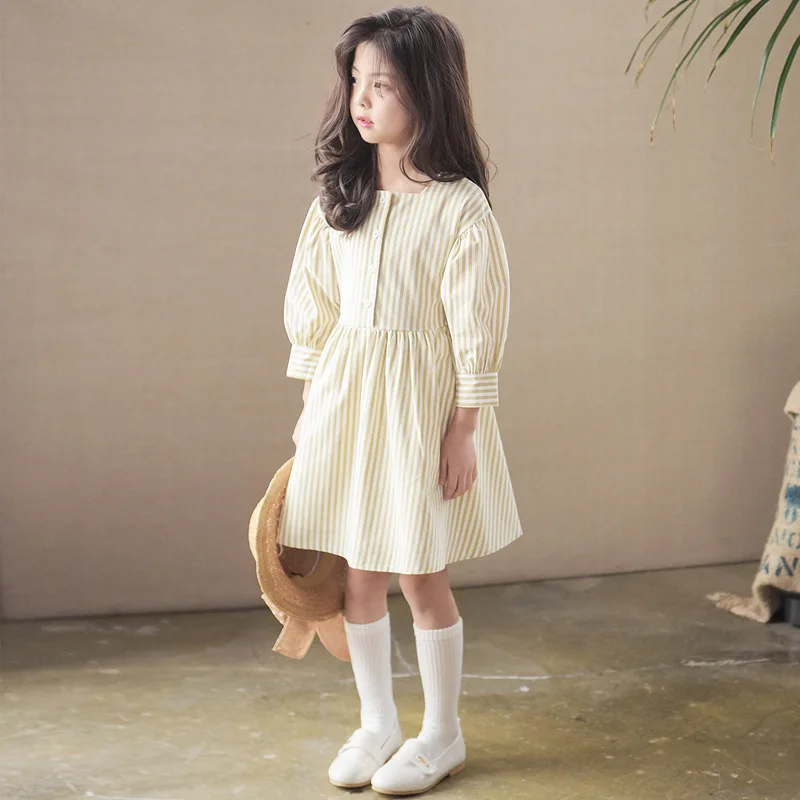 2018 Korean Girls Dress Spring Autumn Seven-point Sleeves Striped Bow Retro Square Collar Children Cotton Dresses for Teenagers | Детская
