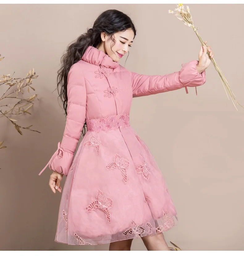 Brodé Nouveau Manteau Femmes Mince 2018 D'hiver Automne Et Femelle Parkas Veste De Outwear Vestes Doux Rose Long Ouatée YApwq