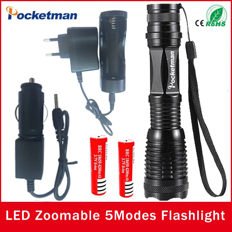 zk50 4000LM Aluminum CREE XM-L T6 LED E17 Torches Zoomable LED Flashlight Torch Lamp two batteries two chargers Free Shipping