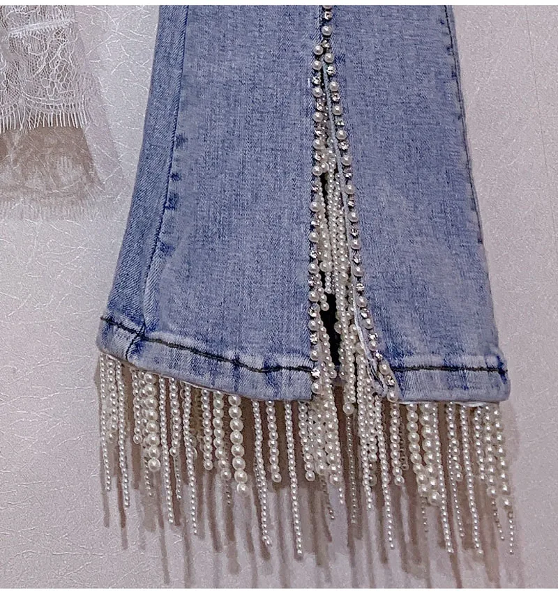 Джинсы Для женщин Мода Высокая талия высокое качество бусин с бахромой ковбойские джинсовые штаны flare Джинсы