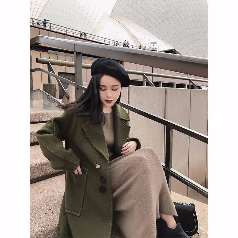 Élégant Mince 2018 Manteau Grand Army Green Hiver V caramel Survêtement Mélanges Avec Dy1 Poches Finition Laine Col Femelle Colour Plein Casual Vestes Manches 5Zw6q