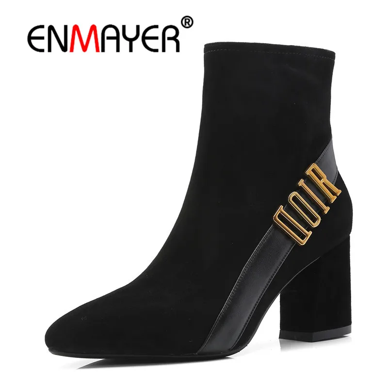 

ENMAYER Kid Suede Woman Ankle boots Winter Causal Square heels Fashion boots Size 34-39 Pointed toe Metal Black Zipper CR1123