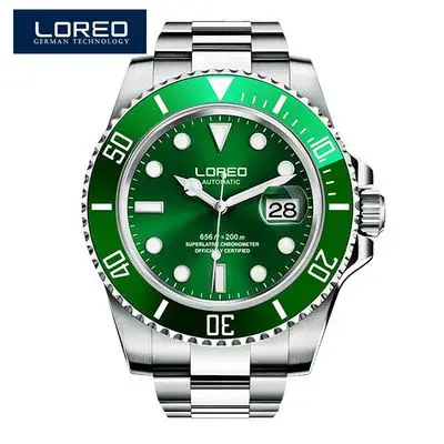 LOREO Brand Water Ghost Series Classic Green Dial Luxury Men Automatic Watches Stainless Steel 200m Waterproof Mechanical Watch - Цвет: Colour 5