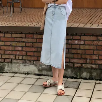

HziriP Streetwear Denim Straight Summer High Waist Female Fork 2019 Fashion Simple Loose Mid-Calf Split Women All-Match Skirts