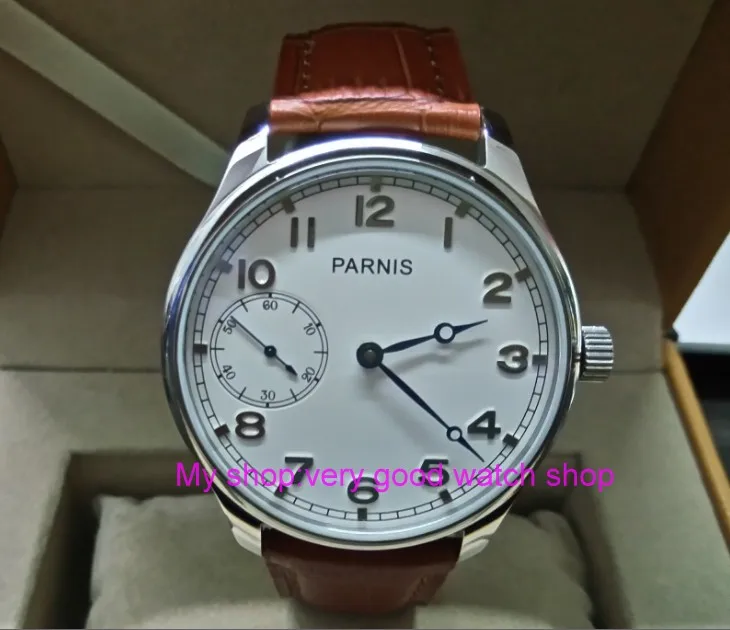 

44mm PARNIS white dial blue hands 17 jewels ST3600 Mechanical Hand Wind movement Mechanical Wristwatches Men's watches DF163A