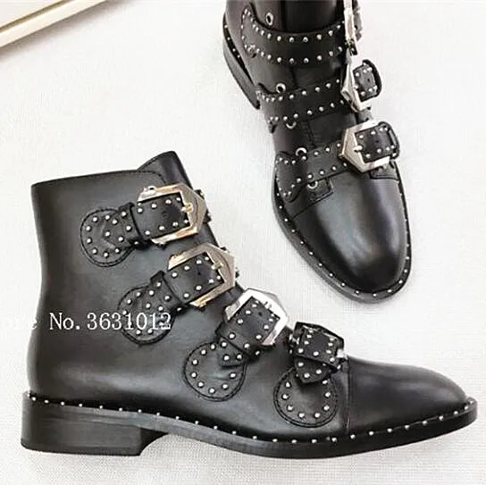 

2019 Fashion Crystal Studded Buckles Strap Ankle Boots Woman Flats Zapato Mujer Black Real Leather Shoes Short Boots