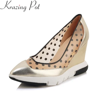 

Krazing Pot 2019 new superstar office lady slip on wedge super high Air mesh women pumps shallow nightclub dot spring shoes L72