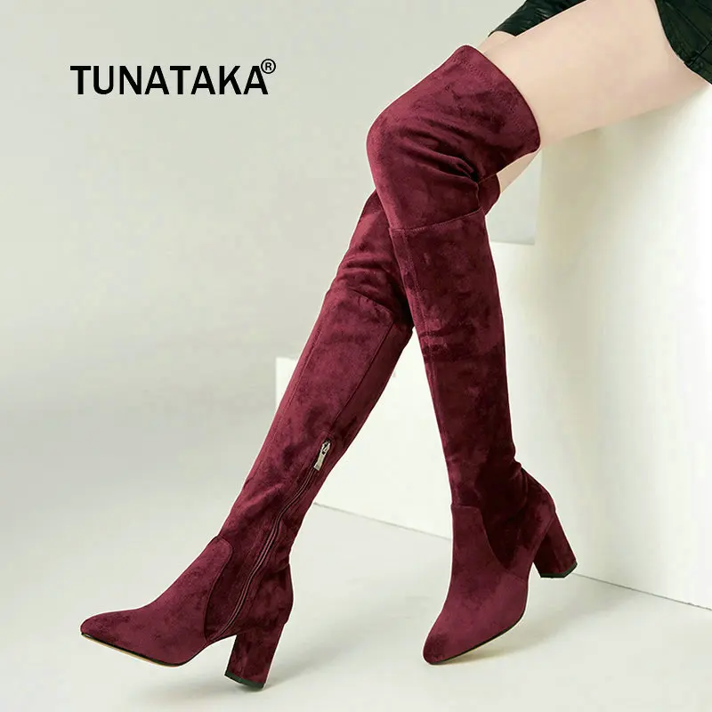 

For Lady Suede Fashion Side Zipper Over The Knee Boots Comfortable Square Heel Thigh Elastic Boots Black Wine Red Beige