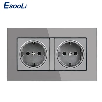 

Esooli 16A Double EU Standard Wall Socket Crystal Glass Panel Power Outlet Grounded With Child Protective Door Grey Black