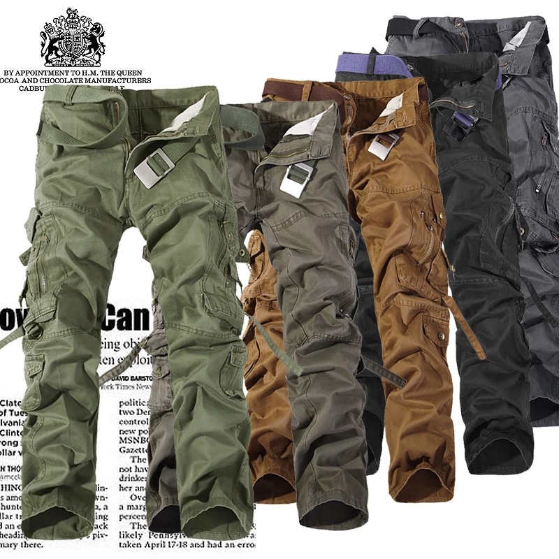 2017 New Men Cargo Pants Army Green Grey Black Big Pockets Decoration Casual Easy Wash Male