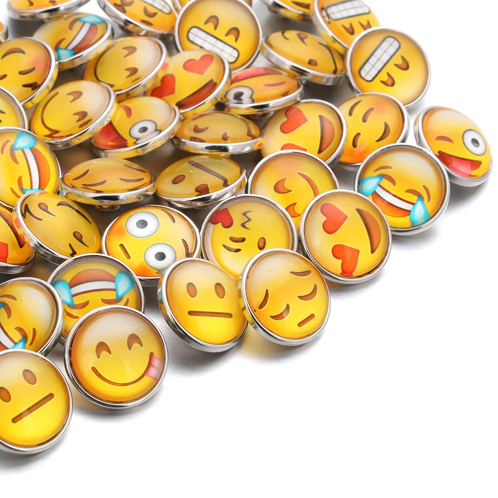 

10pcs/lot Mixed 18mm Glass Snap Buttons Jewelry Emoji Face Design Ginger Print Glass Cabochon Fit 18mm Snap Bracelet Bangles