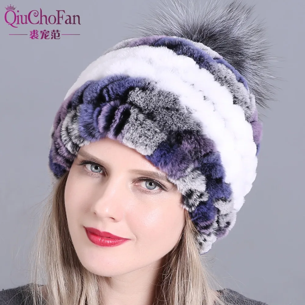 

Winter fur hat for women real rex rabbit fur hat with fox fur pom poms fur knitted beanies 2018 new fashion good quality caps