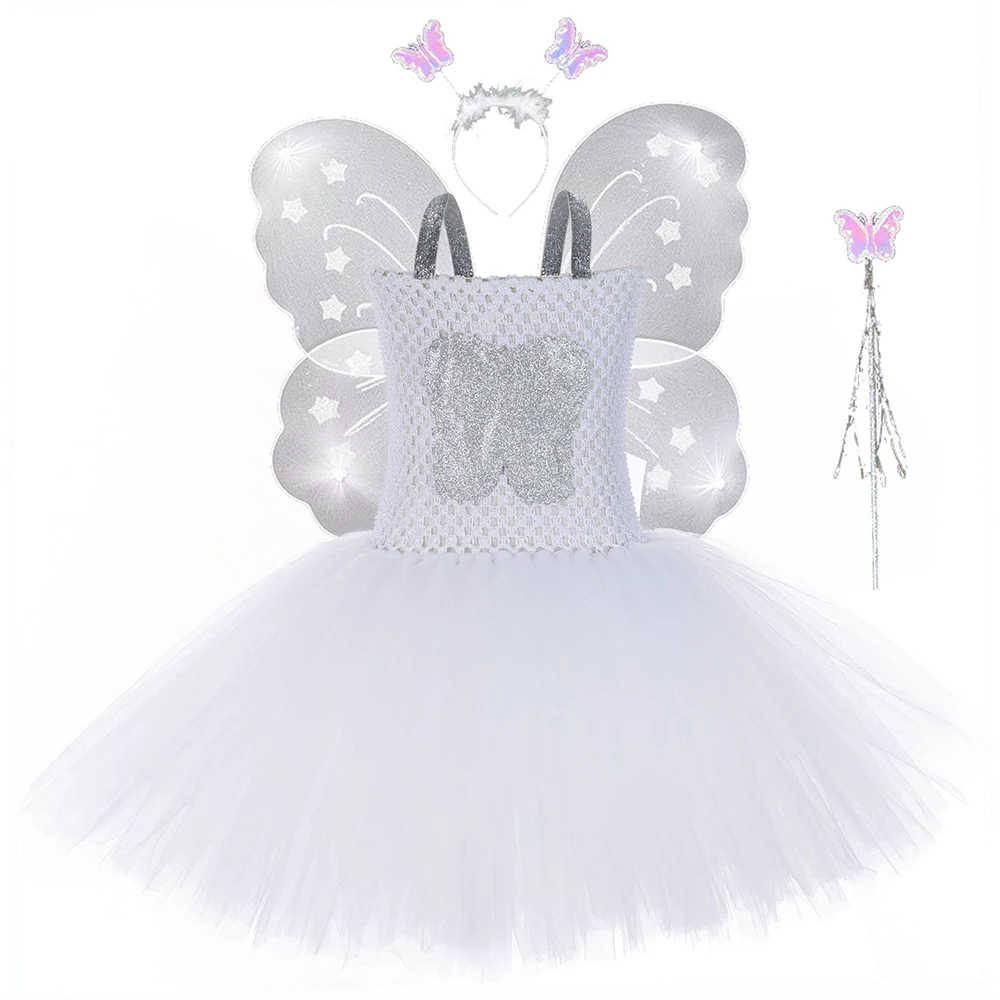 

Princess Girl White Fairy Dress for Kids Knee Length Pattern Halloween Princess Dress Ball Gowns with Fairy Headband Wands Wing