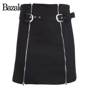 Bazaleas уличная harajuku черная тонкая юбка женская двойная молния Женская мини юбка Сплит Женская трапециевидная короткая юбка Прямая - Цвет: T8 black 760