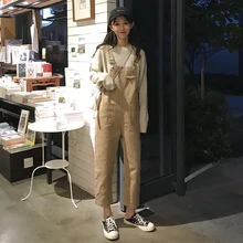 Весенняя Корейская версия свободные ремни комбинезоны джинсы Высокая талия прямые брюки Широкие брюки длиной до щиколотки женские