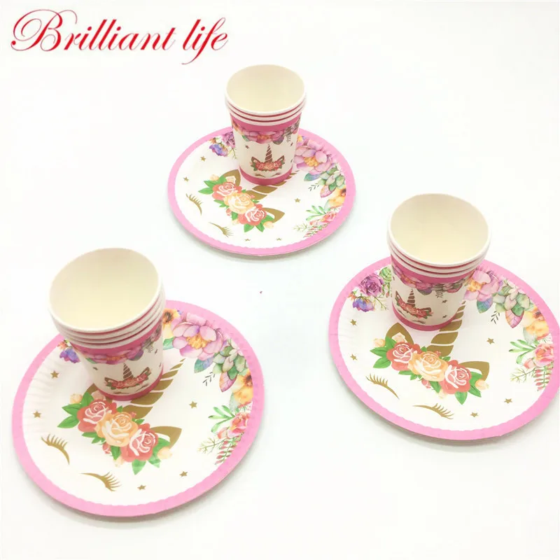 

New Unicorn Theme 40Pcs/Lot Wedding 20Cup 20Plate Girls Birthday Party Family Party Disposable Cup Plate Dish Decoration Supply