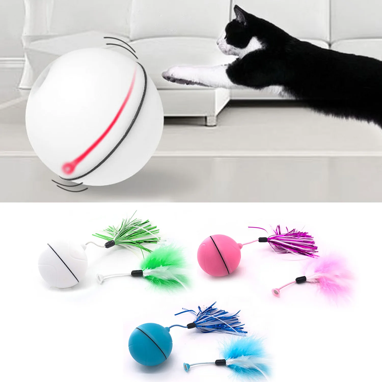 

Behogar USB Charged Automatic Self Rotating Rolling Pet Cat Interactive Exercise Entertainment Toy Ball with Detachable Feather