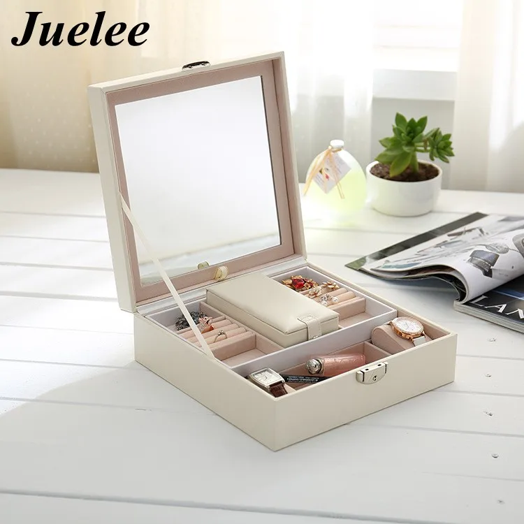 

Juelee Wooden Jewelry Box Hand-made embroidery Leather Jewelry Storage Large Capacity Makeup Holder Organizer Velvet Jewelry Box