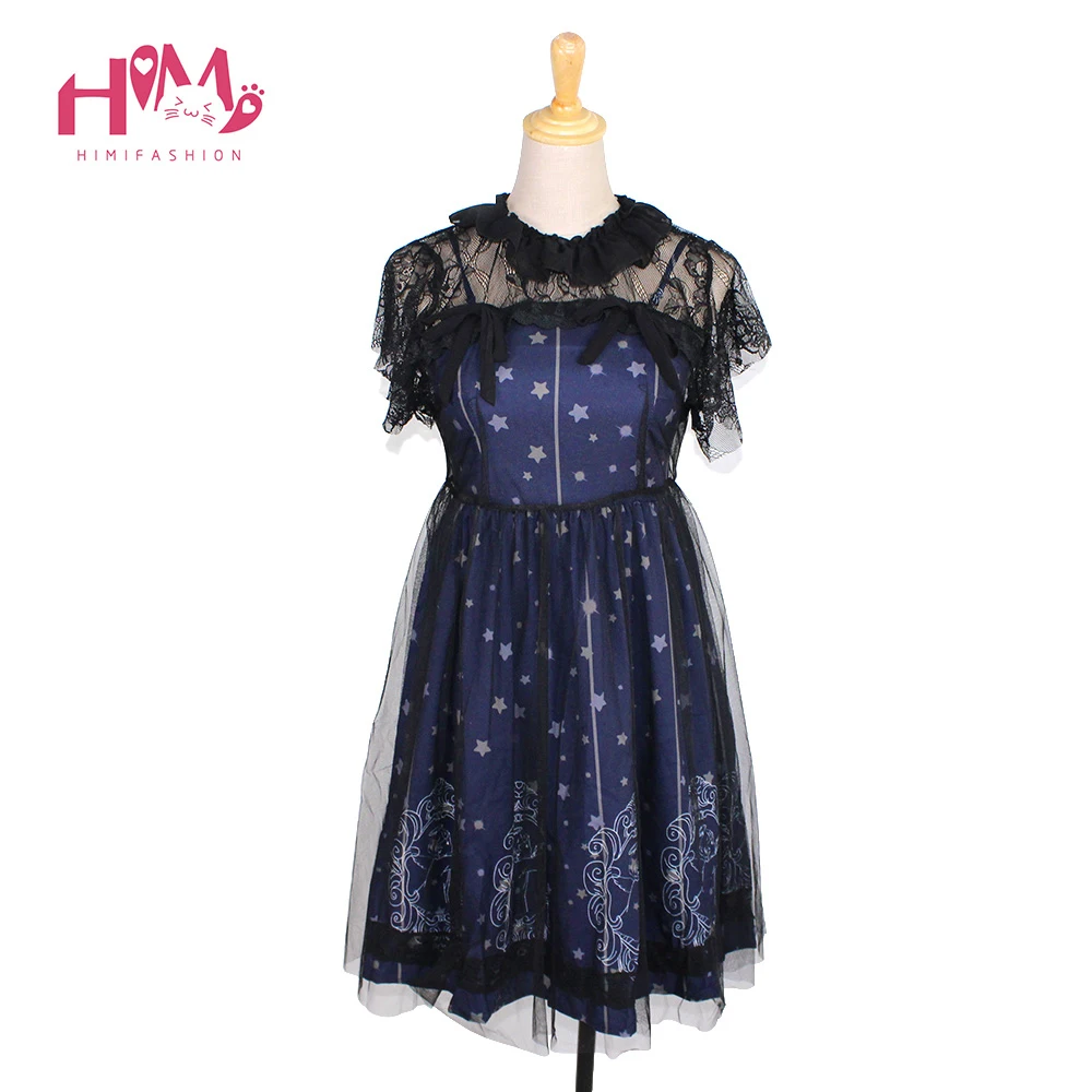 하늘 별자리 고딕 로리타 드레스 드레스 다크 블루 JSK 베일 튜닉 밤 천사 패턴 짧은 소매 드레스