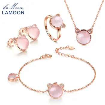

LAMOON Rose Quartz Real S925 Sterling Silver Natural Pink Bear Gems Fine Jewelry Sets for Women Wedding Gift Accessories V017-1
