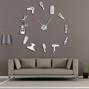 

New Quartz Barber Shop Mirror Wall Clock Giant Reloj De Pared Barber Toolkits Decor 3d Acrylic Frameless Watch Hairdresser Art