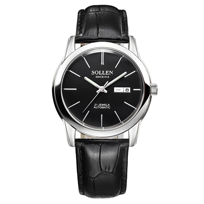 

SOLLEN Automatic Mechanical Date Watches 3ATM Water Resistant Fashion Analog Men's Watch Luxury Genuine Leather Strap Man clock