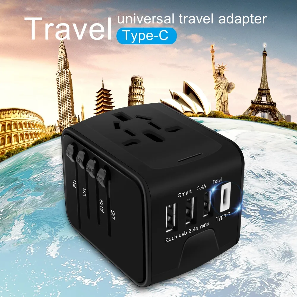 TENACHI адаптер для путешествий с 3 USB зарядным устройством и type C универсальный адаптер для путешествий для ЕС, США, Великобритании, Австралии
