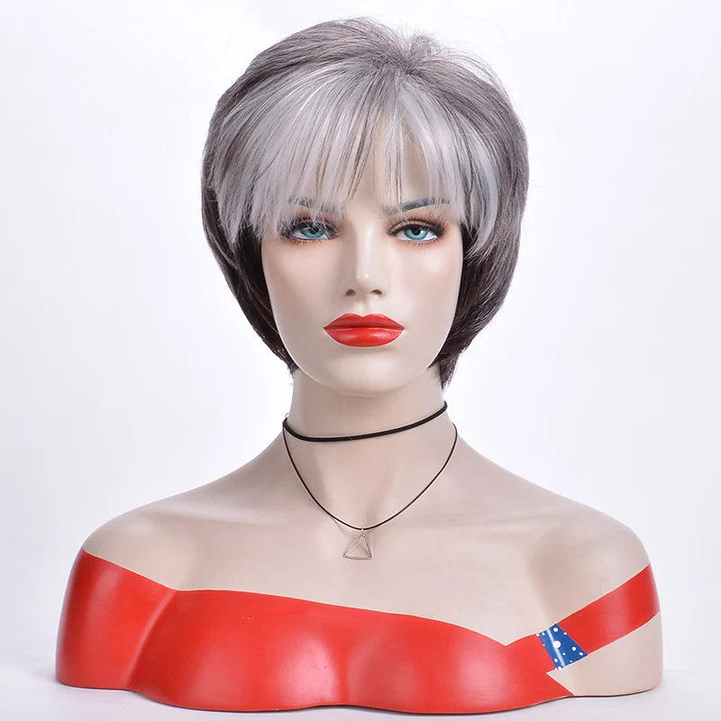 MSI wigs женский парик 2 тона серый белый Омбре синтетические Короткие слоистые Вьющиеся Волосы пышные челки термостойкие