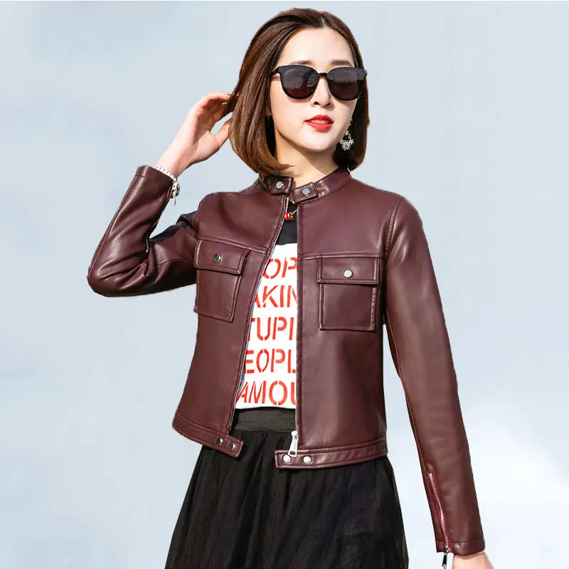 

Spring sheepskin genuine leather jacket women black colour Mandarin Collar motorcycle female Pockets design short leather Jacket