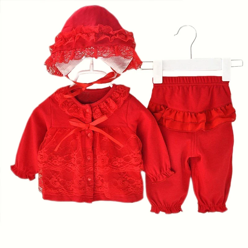 Одежда для маленьких девочек топ и штаны Милая шапочка для новорожденных принцесс на весну-осень-зиму, хлопковая верхняя одежда с хлопковой подкладкой, комплект одежды, подарок - Цвет: HT003 red