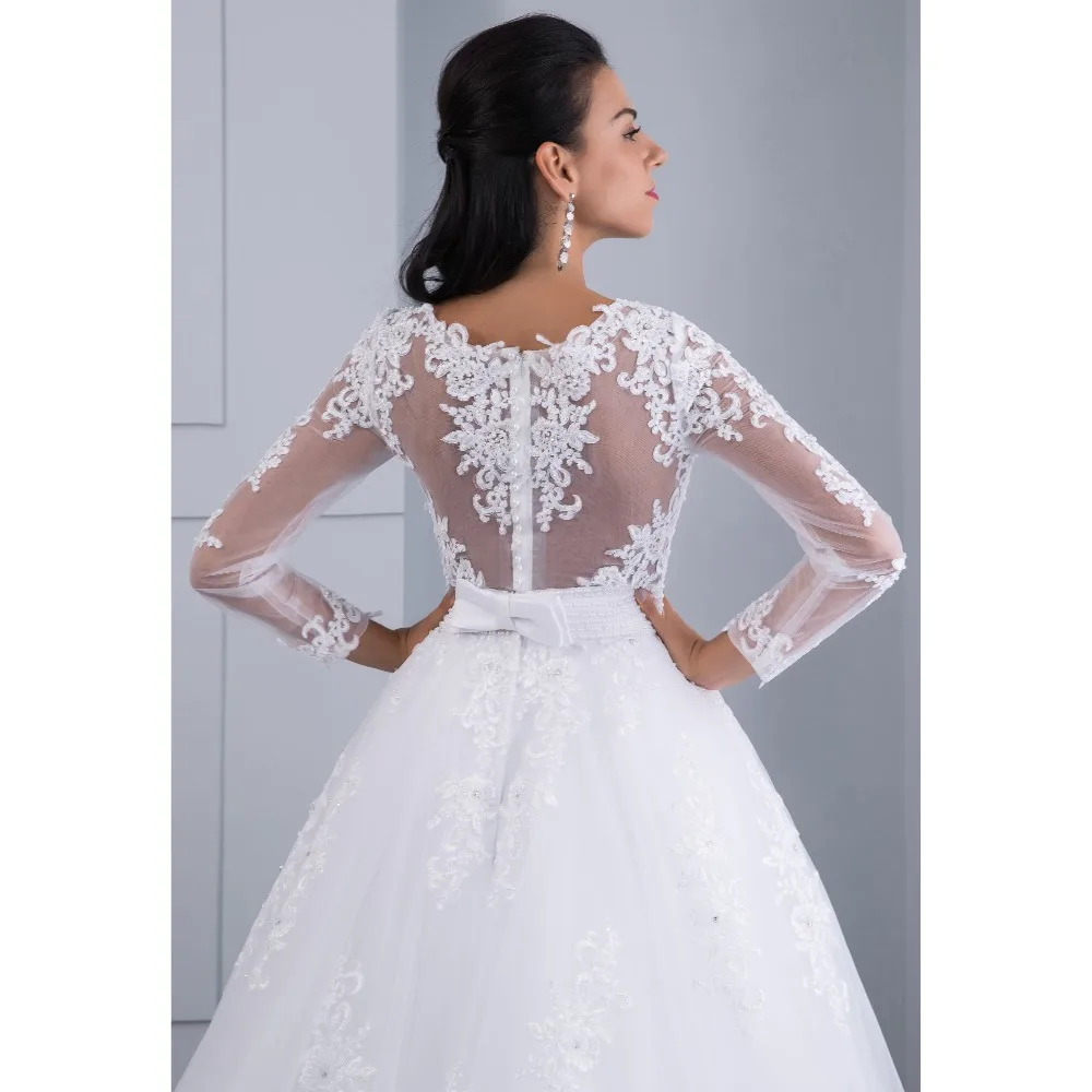 Unique Detachable Train Lace Appliques Pearls Crystal Sashes Ball Gown Wedding Dress