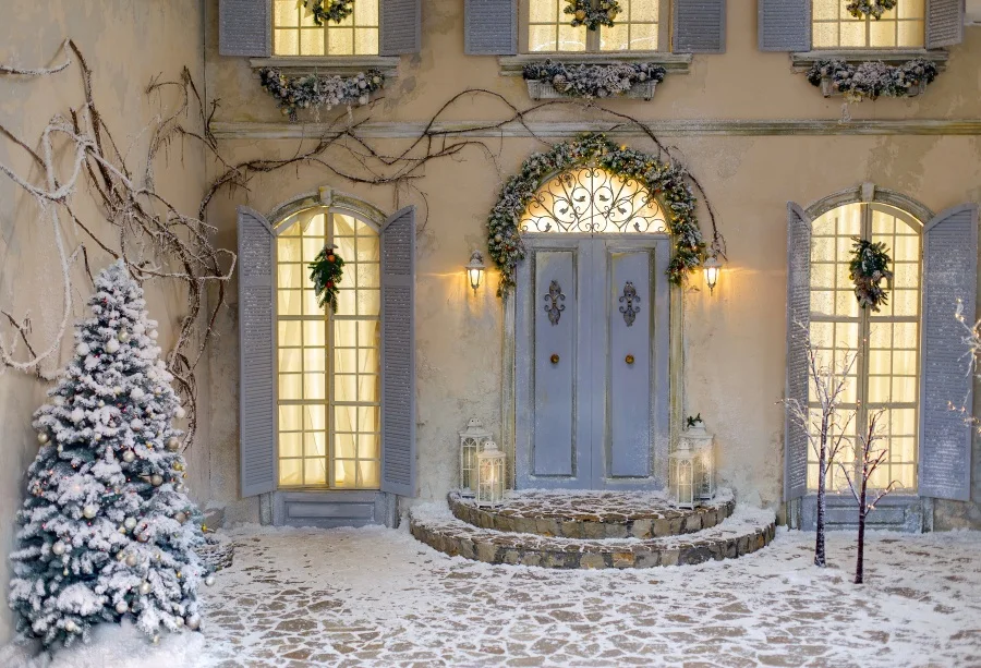 

Laeacco Christmas Backdrops Yard Pine House Porch Snow Light Baby Portrait Photographic Backgrounds Photocall Photo Studio