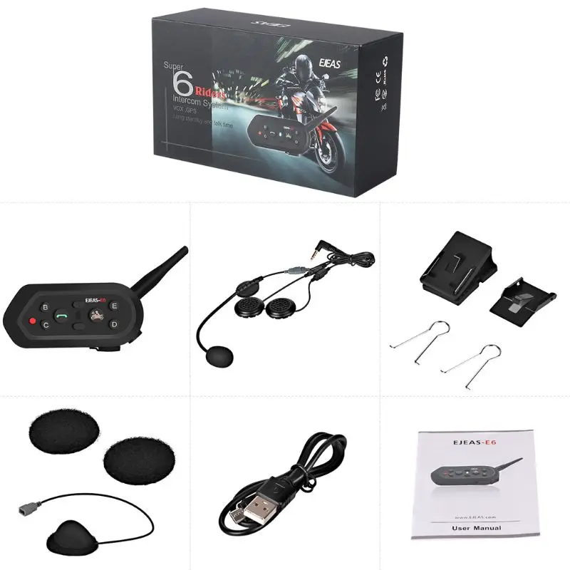 

Motorcycle Helmet V3.0 Bluetooth Intercom Waterproof 6 Riders Communication System 8 hours play Black