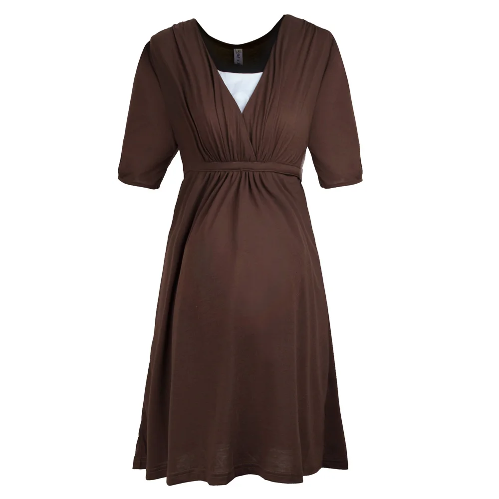 Одежда для беременных из 2 предметов, одежда для кормящих мам с v-образным вырезом, одежда с коротким рукавом для женщин, эластичное тонкое платье для беременных - Цвет: brown