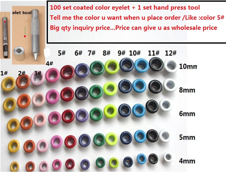 

100Sets Coated Colorful Eyelets Painted Metal Grommets DIY Homework Clothes Sewing Garment Eyelets+ 1set Hand Press Tool