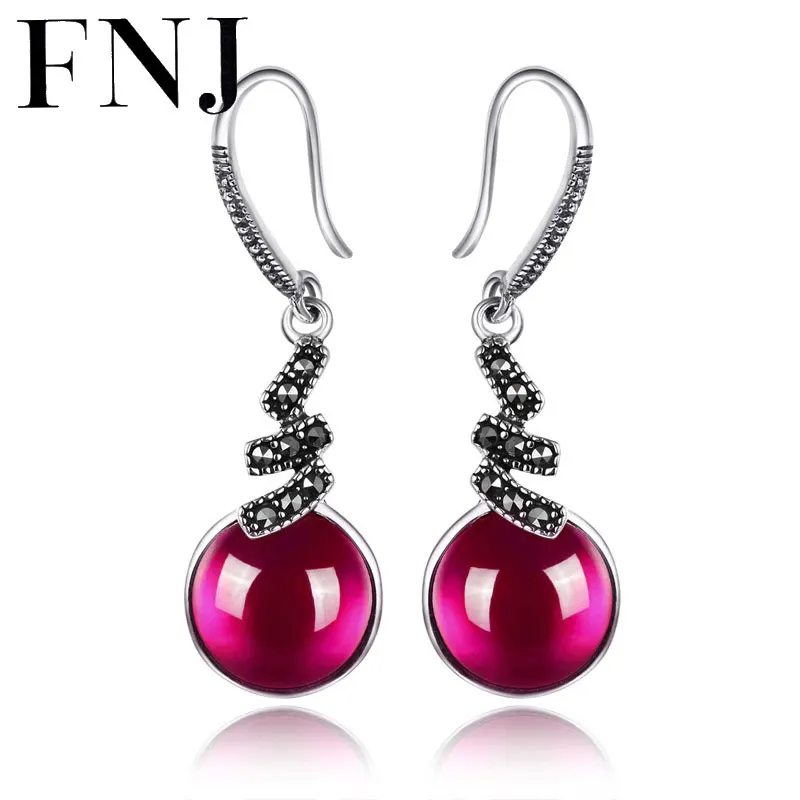 

FNJ 925 Silver Red Corundum Drop Earring for Women Party Garnet Stone MARCASITE S925 Sterling Silver Earrings Jewelry LE65